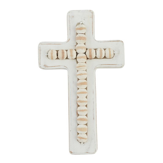 MudPie Small White Beaded Wood Cross