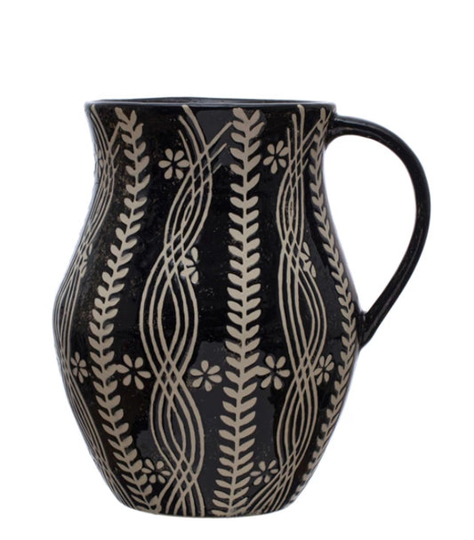 Black Floral Stoneware Pitcher